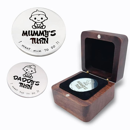 New Baby Gifts for New Parents Mom Daddy Funny Double-Sided Silver Decision Coin with Handmade Wooden Box Pregnant Gifts for First Time Moms Keepsake for Baby Memory