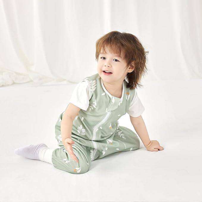 2 Pack Super Soft 0.5 TOG Sleep Sack with Legs, 100% Organic Cotton Side Open Toddler Sleep Sack with Feet, Foliage & Bear, Size L