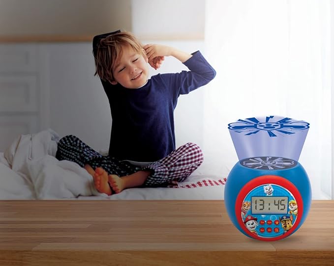 LEXIBOOK - Paw Patrol Projector Alarm Clock with Snooze Function and Alarm Function,Night Light with Timer, LCD Screen, Battery Operated, Blue/Red, RL977PA