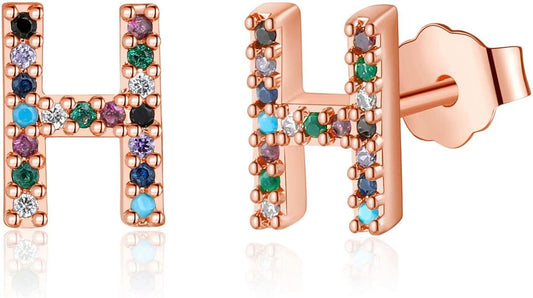 Memorjew Initial Stud Earrings for Women, Hypoallergenic 925 Sterling Silver Post Rainbow Cubic Zirconia Gold Plated 26 Initial Earrings for Women Jewelry Gifts