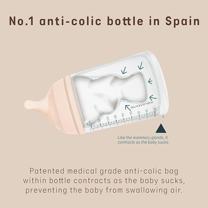 Suavinex Zero Zero Anti Colic Baby Bottle, No 1 Spanish Baby Bottle Brand, Minimizes Bottle Rejection & Nipple Confusion, Perfect for Combo Feeding, 2pk, 9oz/270mL, Medium Tone, Medium Flow Nipple