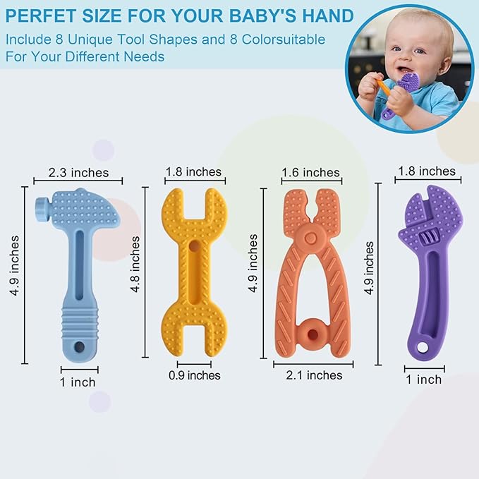 4 Pack Chew Baby Teething Toys for 0-12 Months, Freezable BPA Free Silicone Baby Molar Teether Chew Toys, Hammer Wrench Spanner Pliers Shape Baby Girl's Boy Car Seat Toy