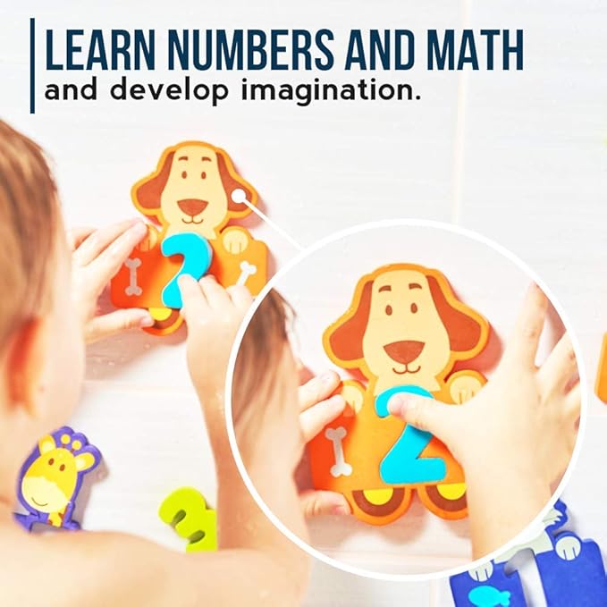 100% Non-Toxic Bathtub Numbers - Fun Bath Foam Toys - Educational Puzzles Floating Bathtub Animals for Kids Girls Boys - Set of 27 pcs - Wet & Stick - Fre. Bath Toy Organizer
