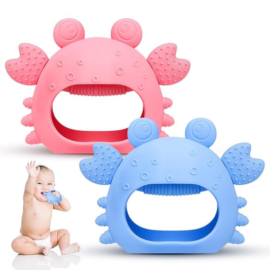 Anboor 2 Pack Baby Teething Toys,Silicone Teethers for Babies 0-6 Months Anti Dropping Hand Teether,Infant Baby Chew Toys for Teething Relief,Ideal Thing for Newborn Soon-to-be Mothers (Pink&Blue)