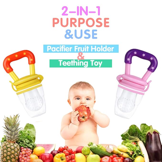 Baby Fruit Feeder by HAOBAOBEI, Frozen Teething Toys for Babies, Fruit Pacifier Feeder with 4 Sizes Silicone Pouches, Eating Essentials, BPA Free Feeding Supplies -2 Pack (Pink Yellow)
