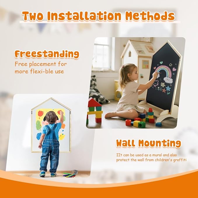 Double-Sided Magnetic Drawing Board for Kids- Chalkboard & Magnetic Whiteboard, Wood Frame Art Easel Board with Detachable Roller