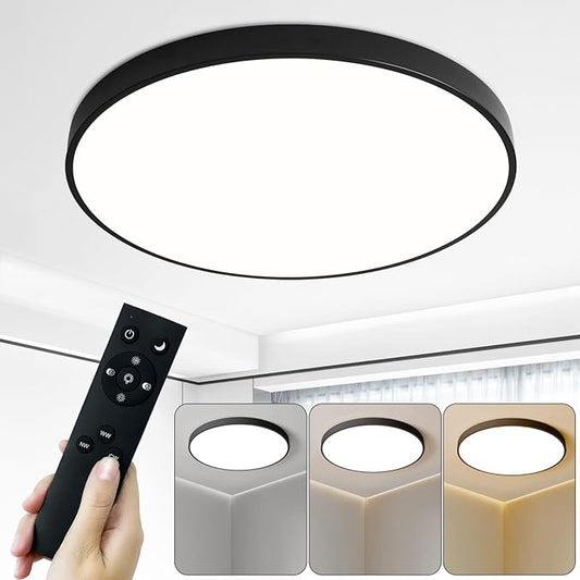 19.7 Inch Round LED Ceiling Light Fixture, 36W Dimmable Flush Mount Ceiling Lights with Remote, Modern Black Ceiling Light Fixture for Bedroom, Kitchen