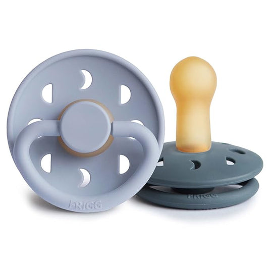 FRIGG Moon Natural Rubber Baby Pacifier | Made in Denmark | BPA-Free (Powder Blue/Slate, 6-18 Months) 2-Pack