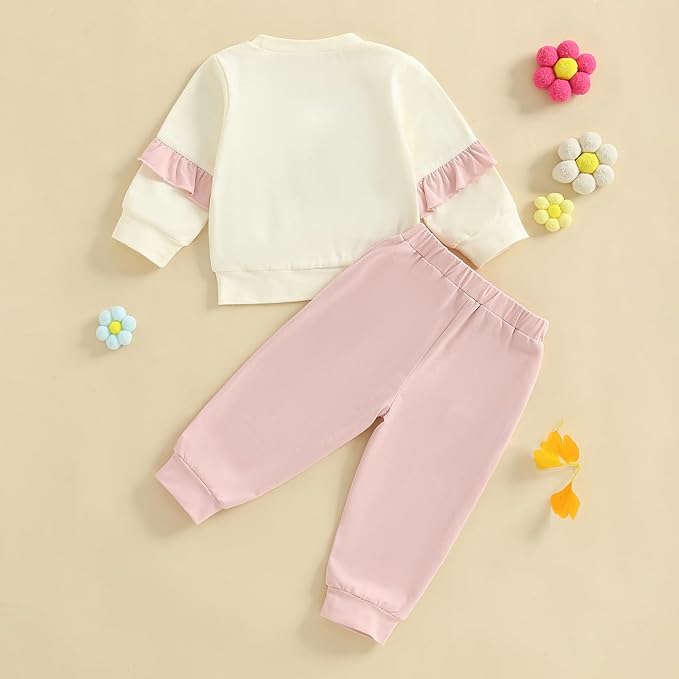 Madjtlqy Toddler Baby Girl Fall Winter Outfit Clothes Flowers Crochet Embroidery Long Sleeve Sweatshirt Tops and Pants Set