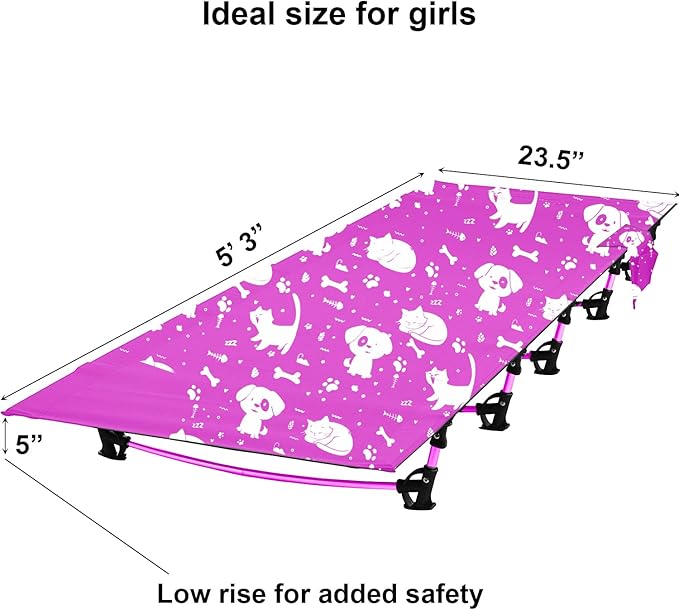 Kids Camping Cot and Toddler Travel Bed | Lightweight and Compact Cots for Sleeping | Portable Folding Cot for Toddler, Kids, Youth and Even Adults (Pink, 63" x 23.5")