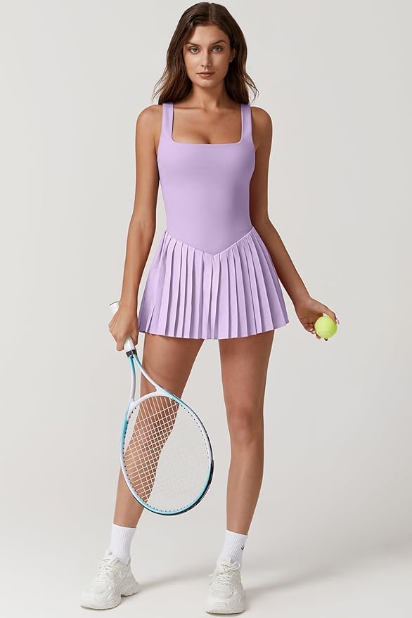 QINSEN Womens Square Neck Tennis Dress Pleated Sleeveless Built in Shorts Golf Athletic Dress with Pockets
