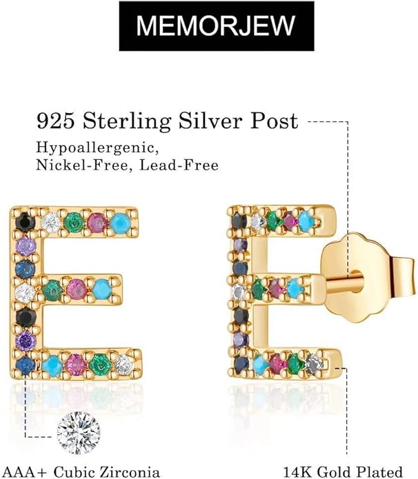 Memorjew Initial Stud Earrings for Women, Hypoallergenic 925 Sterling Silver Post Rainbow Cubic Zirconia Gold Plated 26 Initial Earrings for Women Jewelry Gifts