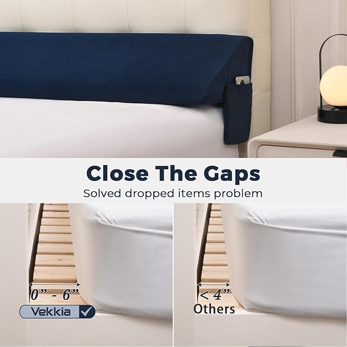 Vekkia Queen Bed Wedge Pillow for Headboard/Bed Mattress Gap Filler Wedge,Bed Gap Filler Close Gap (0-6"),Stop Pillow Falling Down(Blue 60"x10"x6")