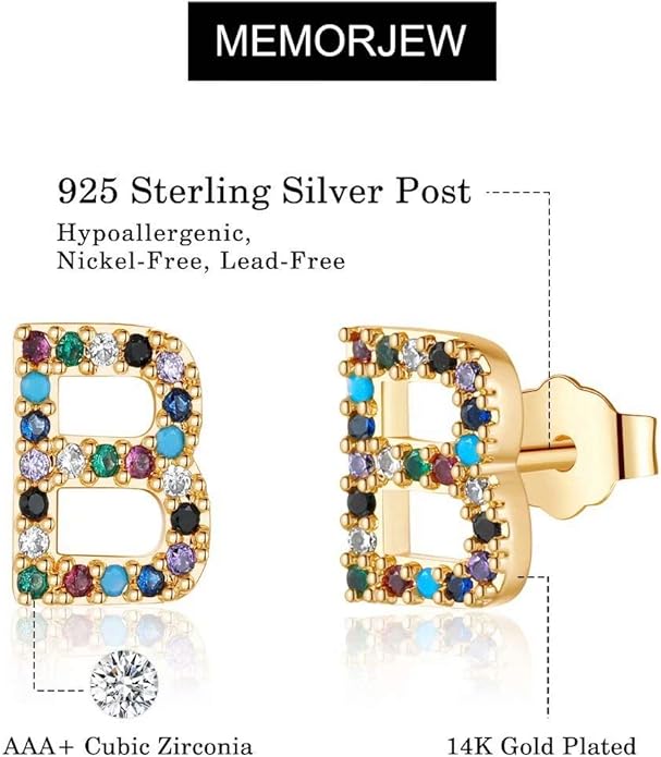 Memorjew Initial Stud Earrings for Women, Hypoallergenic 925 Sterling Silver Post Rainbow Cubic Zirconia Gold Plated 26 Initial Earrings for Women Jewelry Gifts