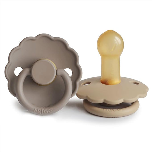 FRIGG Daisy Natural Rubber Baby Pacifier | Made in Denmark | BPA-Free (Croissant/Portobello, 6-18 Months) 2-Pack