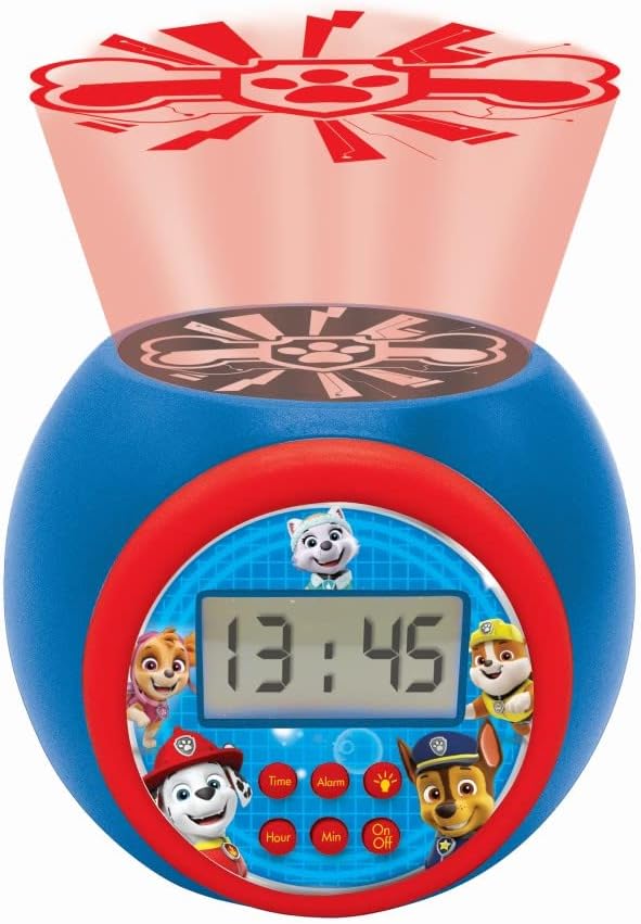 LEXIBOOK - Paw Patrol Projector Alarm Clock with Snooze Function and Alarm Function,Night Light with Timer, LCD Screen, Battery Operated, Blue/Red, RL977PA