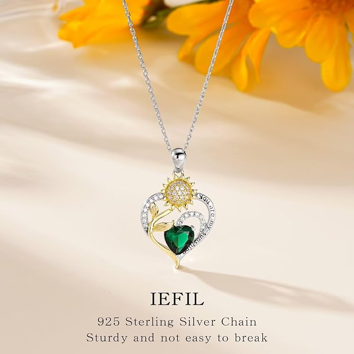 Iefil Sunflower Gifts for Women - Sunflower Necklace Heart Pendant Birthstone Necklace for Women Anniversary Birthday Gifts for Wife You Are My Sunshine 925 Sterling Silver Jewelry for Wife Mom