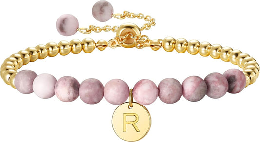 Ritach Initial Bracelets for Girls - Pink Zebra Natural Stone Bracelet Real Gold Plated Beaded Bracelets Adjustable Disc Initial Bracelets for Girls Kids Teen Girl Gifts