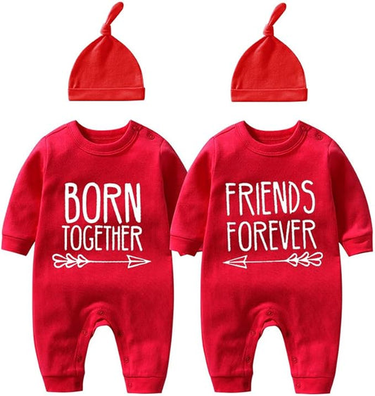 YSCULBUTOL Baby Twins Bodysuit Born Together Friends Forever Newborn Clothes Unisex Twin Outfits With Hat