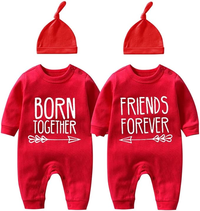 YSCULBUTOL Baby Twins Bodysuit Born Together Friends Forever Newborn Clothes Unisex Twin Outfits With Hat