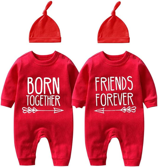 YSCULBUTOL Baby Twins Bodysuit Born Together Friends Forever Newborn Clothes Unisex Twin Outfits With Hat