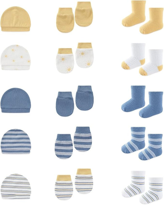 15 Pack Infant Hats Gloves Socks Unisex Baby Boy Girl Accessories Set Cotton New Born Caps Mittens