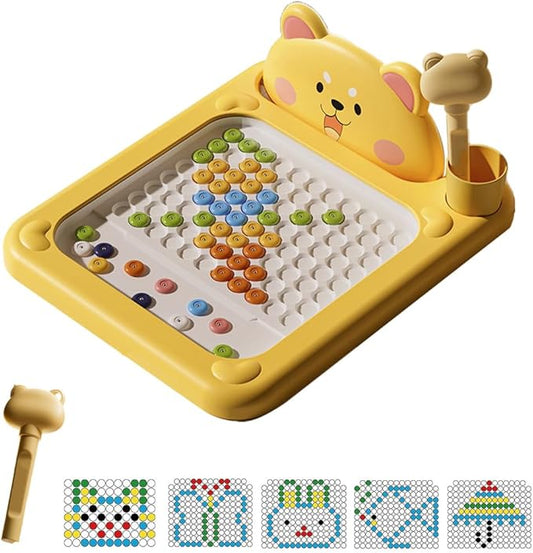 Cartoon Magnetic Drawing Board, Shiba and Bear Dot Art，Interactive Bead Art Board with Pen, Shiba Inu Bear Styles, Travel Board for Creativity, Fine Motor Skills (Yellow, Large)
