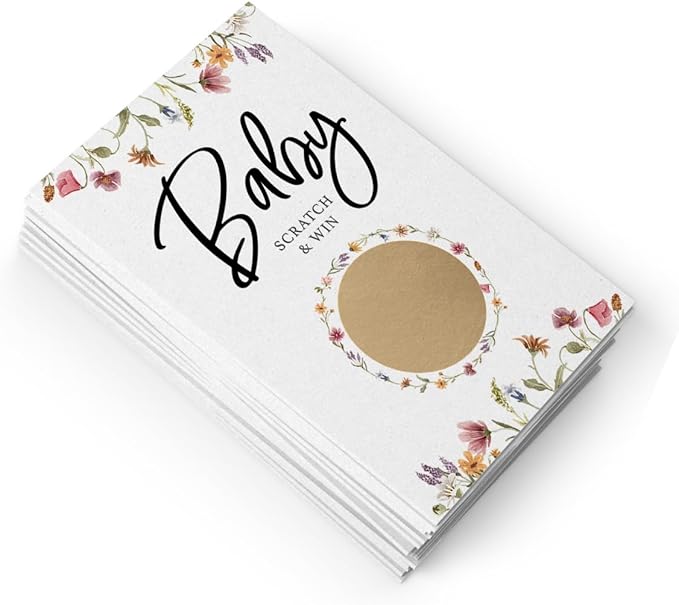Printed Party Baby Shower Game – Floral Scratch Off Cards for Girl, Baby in Bloom Design, 30 Cards and Stickers