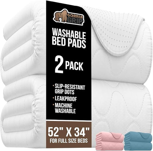 GORILLA GRIP Washable Underpads, Waterproof Reusable Heavy Absorbency Incontinence Bed Pads, Leak Proof Toddler Mattress Pad, 52x34 2 Pack, Slip Resistant for Bedwetting, Adults and Kids, White