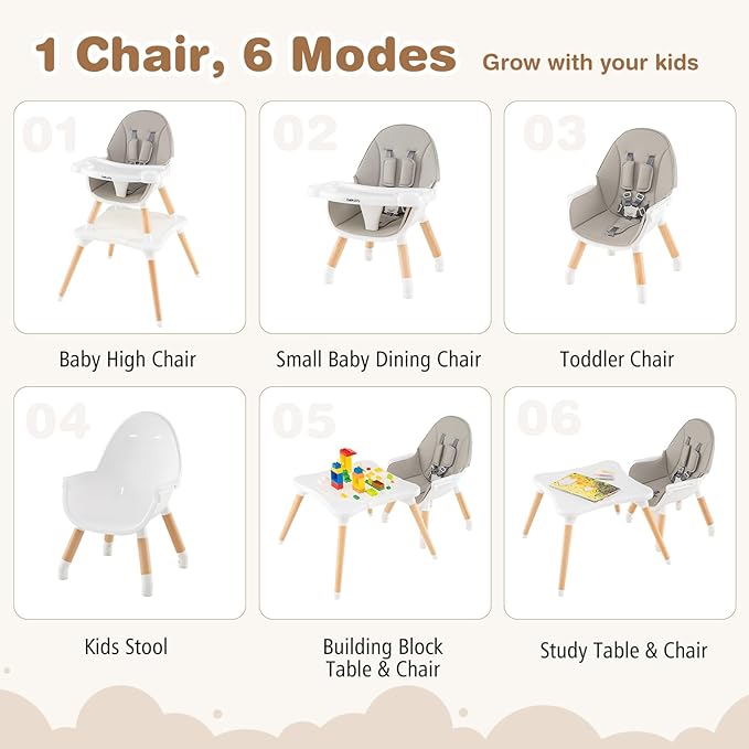 BABY JOY 6 in 1 High Chair, Convertible High Chairs for Babies and Toddlers/Booster Seat/Table and Chair Set, Infant Wooden Highchair w/ 5-Point Harness, 4-Position Removable Tray & PU Cushion (Gray)