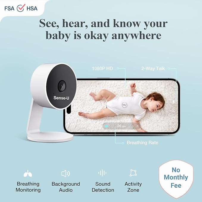 Sense-U AI Baby Camera Monitor with Sensor-Free Sleep Breathing Movement Detection, Smart Security Indoor Video Camera with Background Audio, Sound Detection, No Monthly Fee, for Peace of Mind
