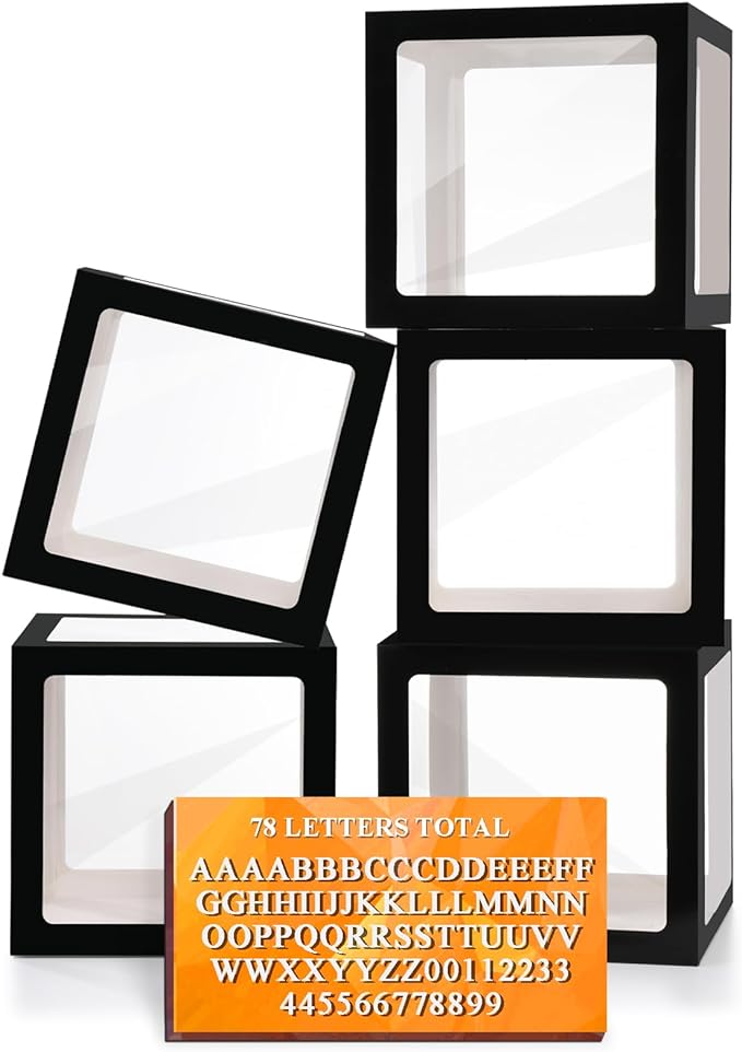 Ledido Black Transparent Balloon Boxes With 78 Letters, Letter Box for Baby Shower Clear Baby Box Black Balloon Boxes for Birthday, Bridal Shower, Graduation Prom Party Decoration, 5 PCS