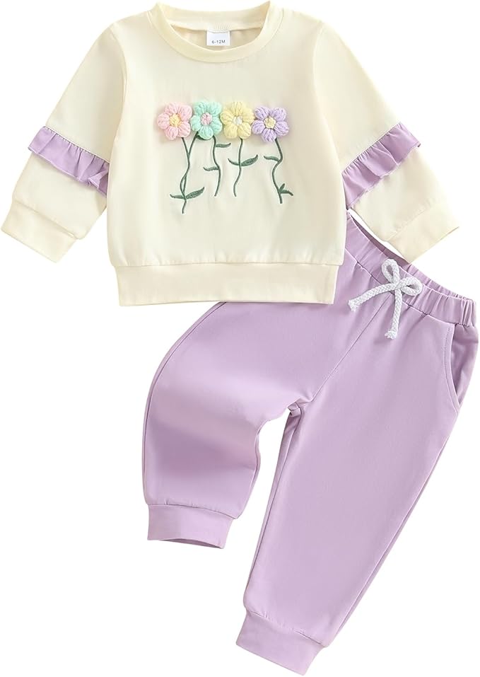 Madjtlqy Toddler Baby Girl Fall Winter Outfit Clothes Flowers Crochet Embroidery Long Sleeve Sweatshirt Tops and Pants Set