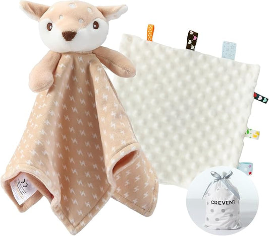 CREVENT Soft Plush Animal Face Security Blankets for Boys and Girls, Great Gifts for Birthday Baby Shower (Deer + Tag)