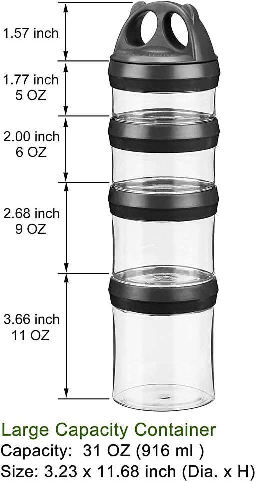 SELEWARE Portable Stackable Food Storage Containers for Snacks Formula Powder and Drinks Twist Lock System Airtight Leak-proof BPA and Phthalate Free 4 Piece Jars 31oz, Black