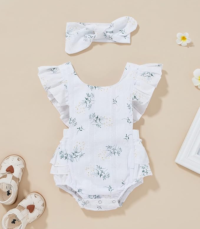 Baby Girls Floral Cotton Leotard Romper Newborn Daisy Playsuits Ruffled Sleeve Onesie Infant Jumpsuit Clothes Headband