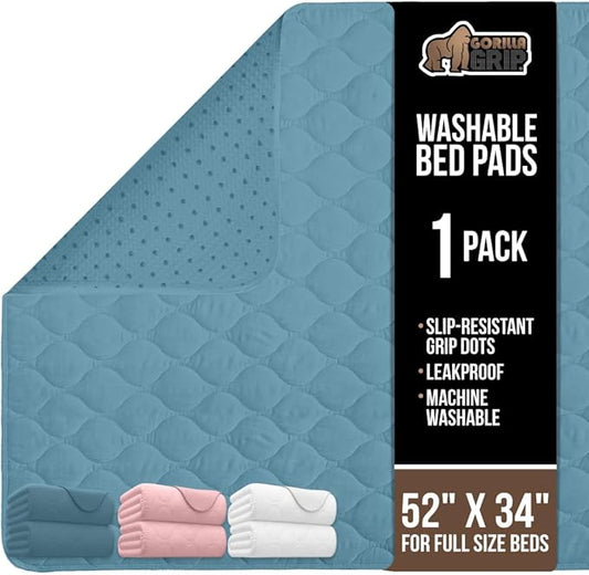 GORILLA GRIP Washable Underpads, Waterproof Reusable Heavy Absorbency Incontinence Bed Pads, Leak Proof Toddler Mattress Pad, 52x34 Slip Resistant Protector for Bedwetting, Adults and Kids, Blue