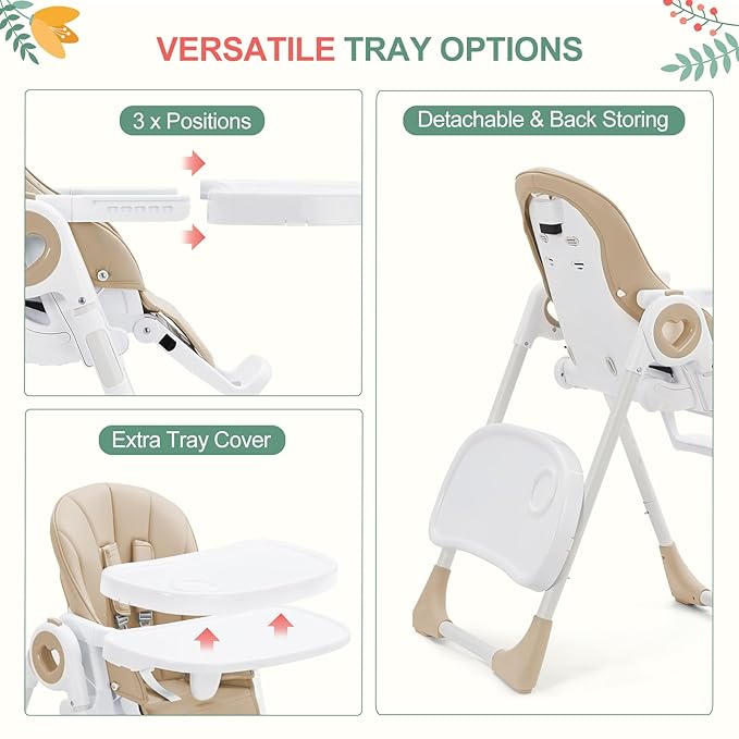 Baby High Chair for Toddlers 1-3 Years Old, Foldable Baby High Chair with Removable Tray, Lightweight Folding Chair with 5-Point Safety Harness, Multiple Recline Positions & Compact Design