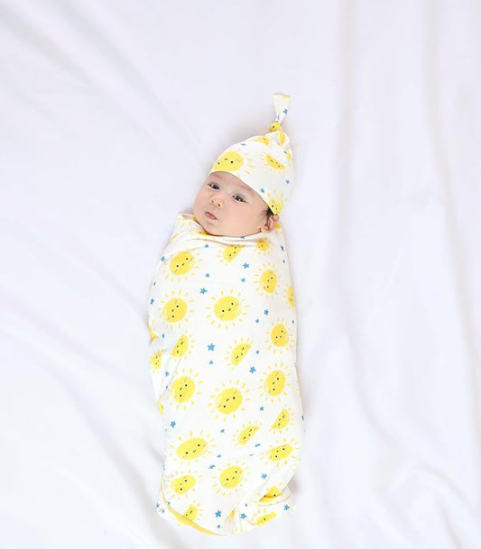Newborn Swaddle Blanket with Hat Set,Unisex Baby Receiving Blanket Nursery Wrap for Girls and Boys, Viscose Made from Bamboo Sun One Size