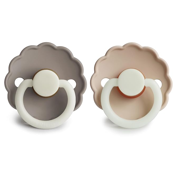 FRIGG Daisy Night Natural Rubber Baby Pacifier | Made in Denmark | BPA-Free (Portobello/Croissant, 0-6 Months) 2-Pack