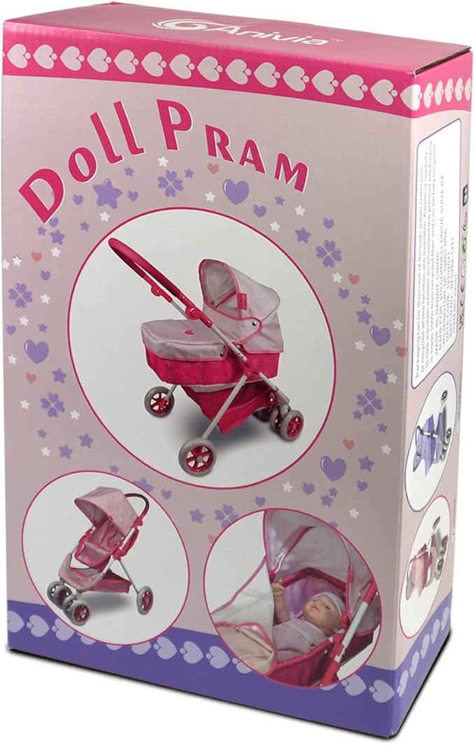 ANIVIA Dolls Pram, Doll Pushchair, 2 in 1 Stroller Dolls Pushchair & Pram Toys Gift for Kids, Suitable Dolls Up to 18 inch - Pink