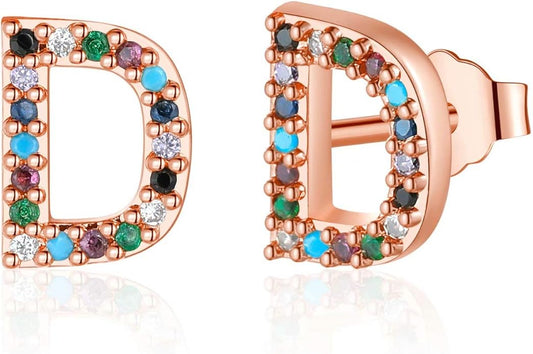 Memorjew Initial Stud Earrings for Women, Hypoallergenic 925 Sterling Silver Post Rainbow Cubic Zirconia Gold Plated 26 Initial Earrings for Women Jewelry Gifts