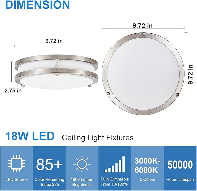 DLLT 2Pack Flush Mount LED Ceiling Light: 10 Inch 5CCT (3000K-6000K) & Dimmable Ceiling Light Fixtures for Bedroom - 18W Modern Brushed Nickel 1600LM Super Bright Kitchen Lighting Fixtures Ceiling