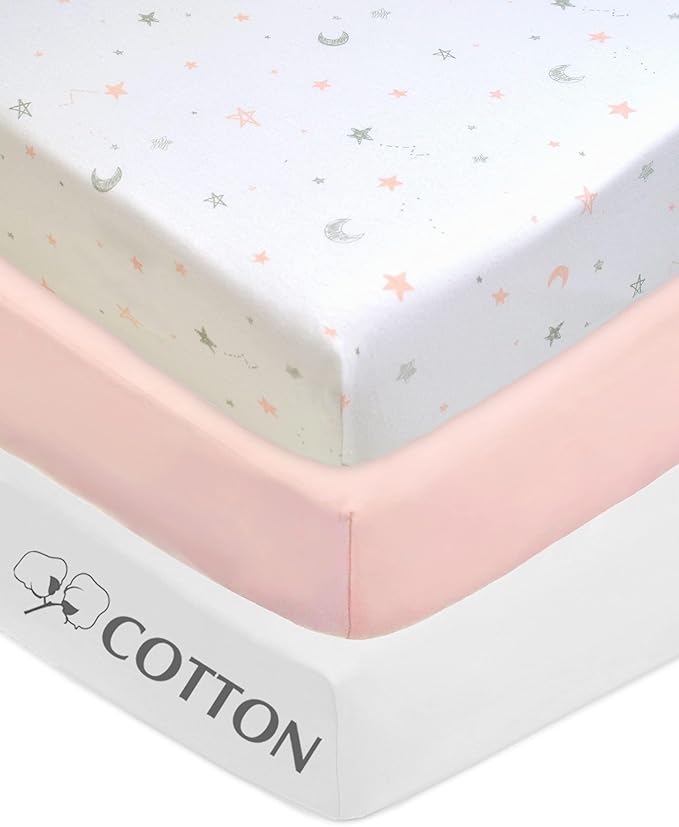 American Baby Company 3 Pack 100% Natural Cotton Fitted Crib Sheets 52" x 28" - Soft, Breathable, Hypoallergenic & Gentle Toddler Bed Sheets, Pink Stars/Blush/White, Neutral for Boys & Girls