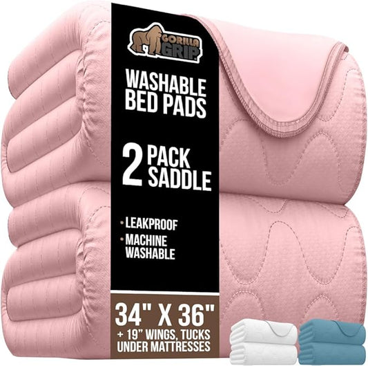 GORILLA GRIP Washable Toddler Mattress Incontinence Pads, Waterproof Bed Underpads, Absorbent Leak Proof, 34x36+19in Wings, 2 Pack Slip Resistant Pad Absorbs 8 Cups for Bedwetting Adults Kids, Pink