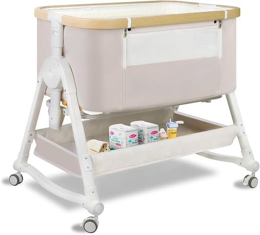 4 in 1 Baby Bassinet, Bassinet Bedside Sleeper with Wheels and Storage Basket, Adjustable 7 Heights Bedside Sleeper with Musquito Net, Breathable Mesh Rocking Bassinet for Baby/Newborn (Beige)