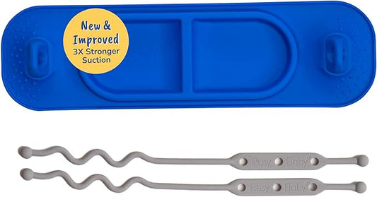 BUSY BABY Silicone Mini Mat - New and Improved Suction Cups, 2 Straps to Secure Baby Essentials, Self Feeding, Baby Led Weaning, Travel Wet Bag Included (Blue Mini)