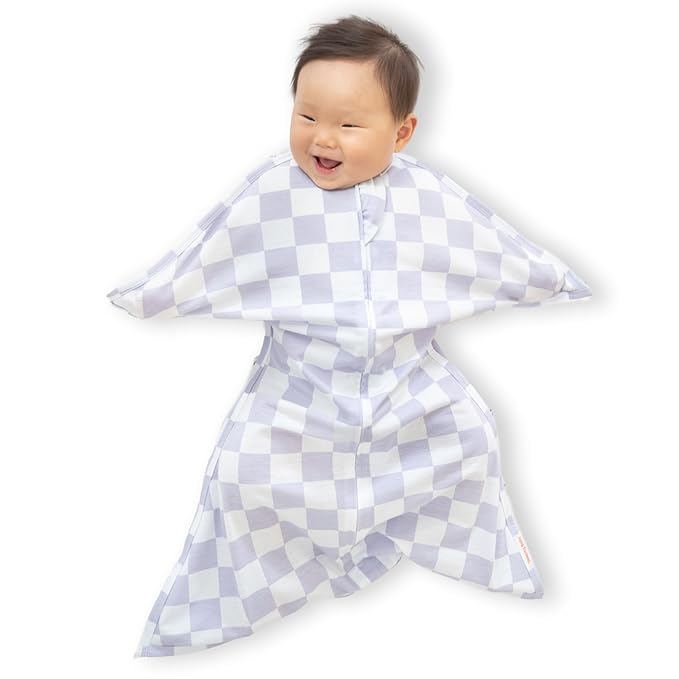 SleepingBaby Zipadee-Zip Transition Swaddle - Cozy Baby Swaddle Blanket with Zipper Convenience - Roomy Wearable Blanket for Easy Diaper Changes - Lavender Check, Medium (6-12 Month)