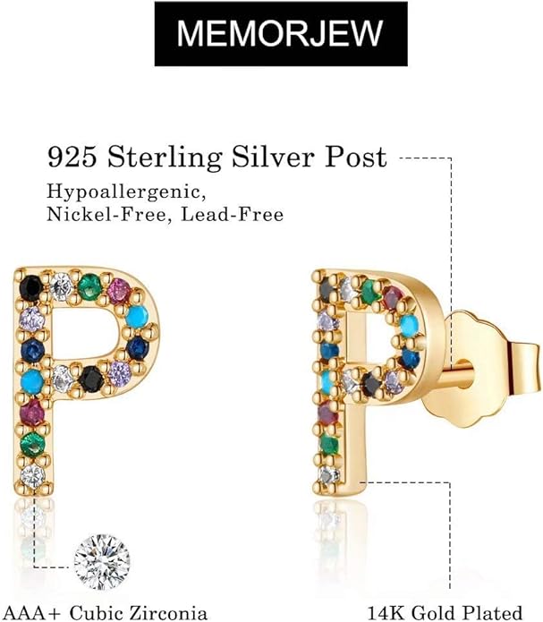 Memorjew Initial Stud Earrings for Women, Hypoallergenic 925 Sterling Silver Post Rainbow Cubic Zirconia Gold Plated 26 Initial Earrings for Women Jewelry Gifts