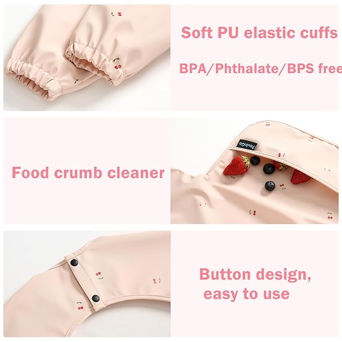 Baby Bibs with Long Sleeve Bib & BLW, Coverall Bibs for Baby Feeding, PU Soft and Skin-Friendly Material, Machine Washable, Waterproof and Easy to Clean, Baby Infant Toddlers (Pink)